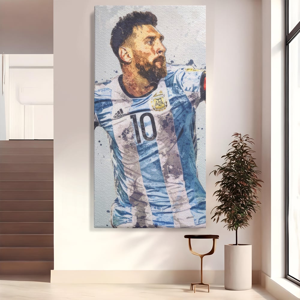 Tablou canvas cu tablou canvas cu lionel messi in tricoul argentinei, fara rama, pe sasiu de lemn